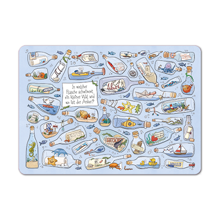 Tischset In welcher Flasche schwimmt ein kleiner Wal und wo ist der Anker?